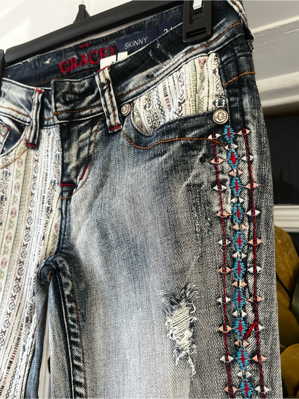 Grace in LA Aztec patch print embroidered skinny jeans